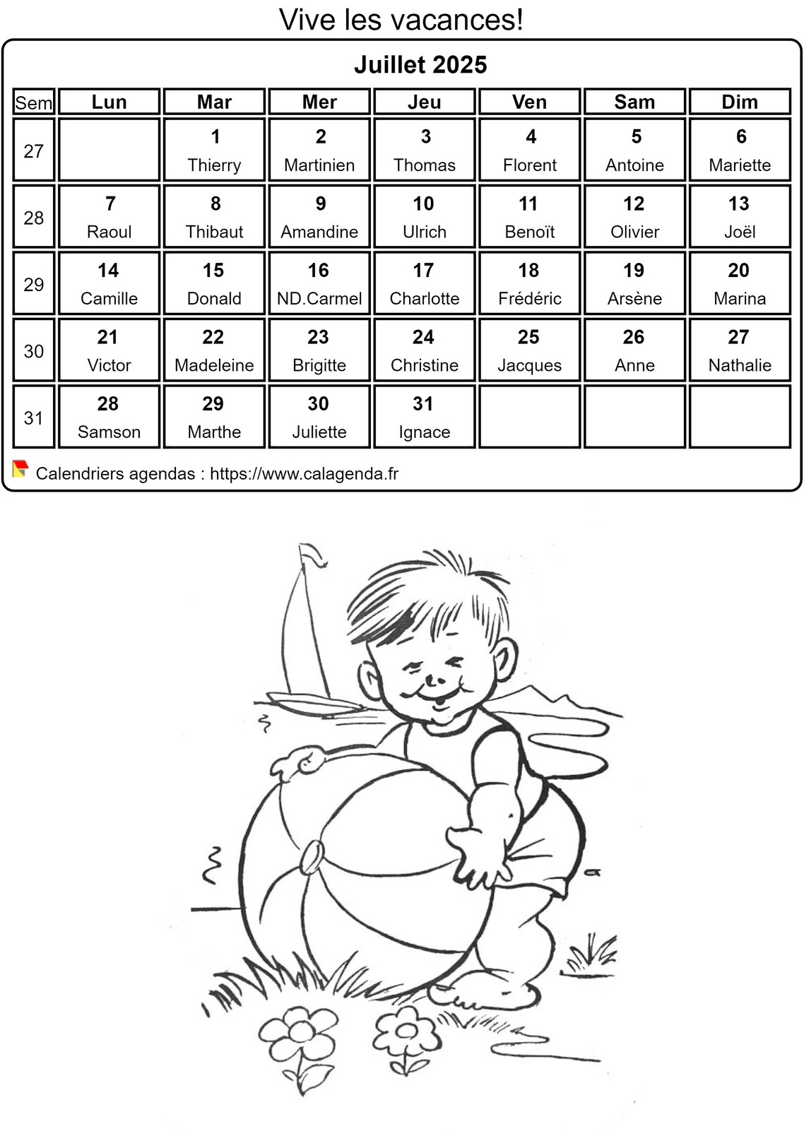 Calendrier 2025 à colorier du mois de juillet