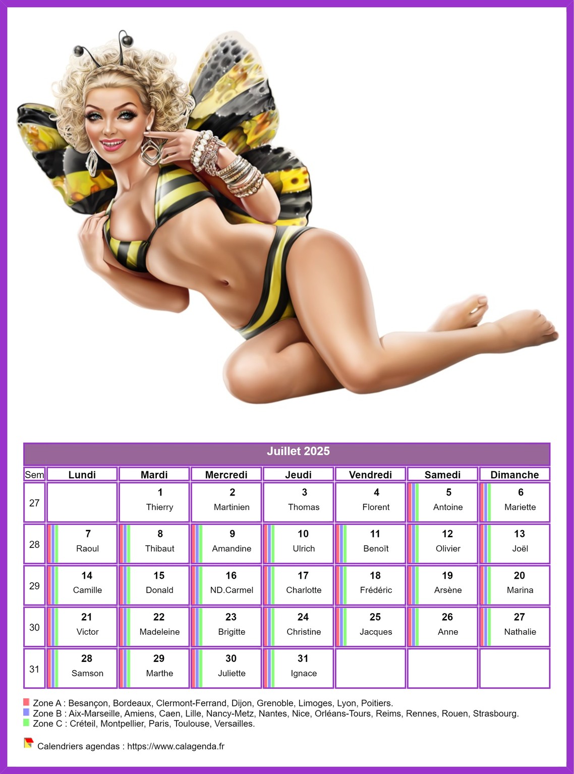 Calendrier juillet 2025 femmes