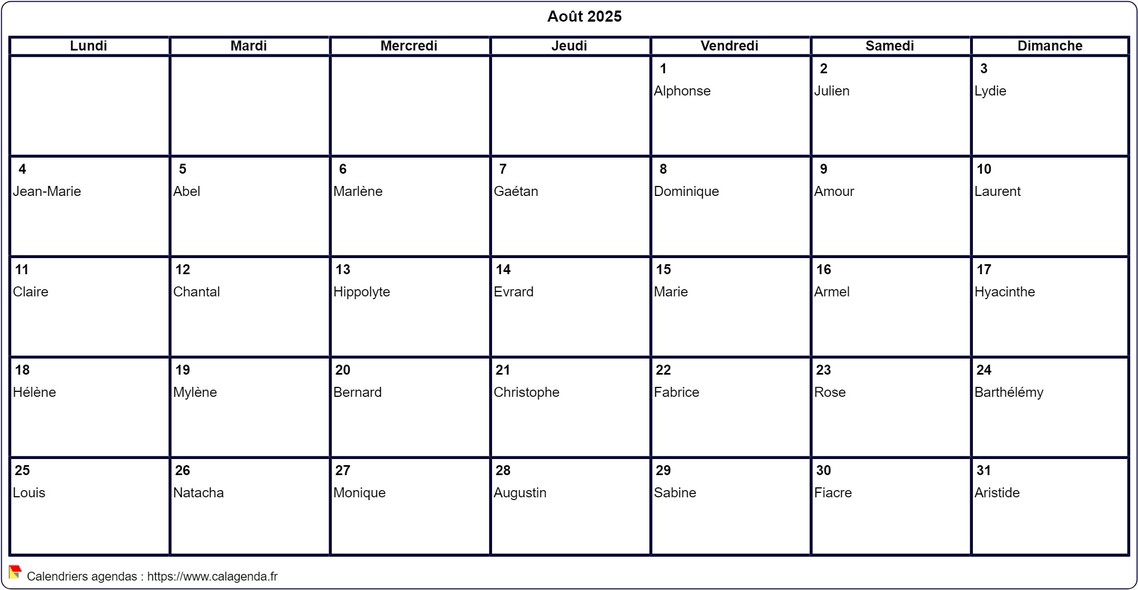 Calendrier août 2025 à imprimer vierge, avec les fêtes