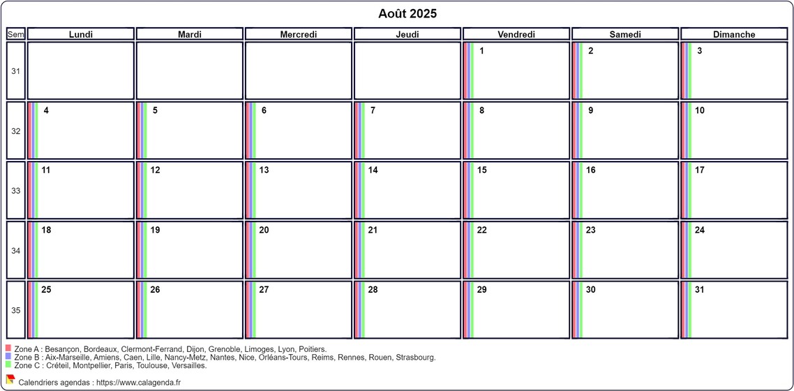 Calendrier août 2025 personnalisable avec les vacances scolaires