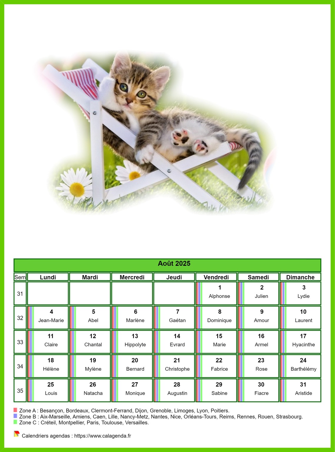 Calendrier août 2025 chats