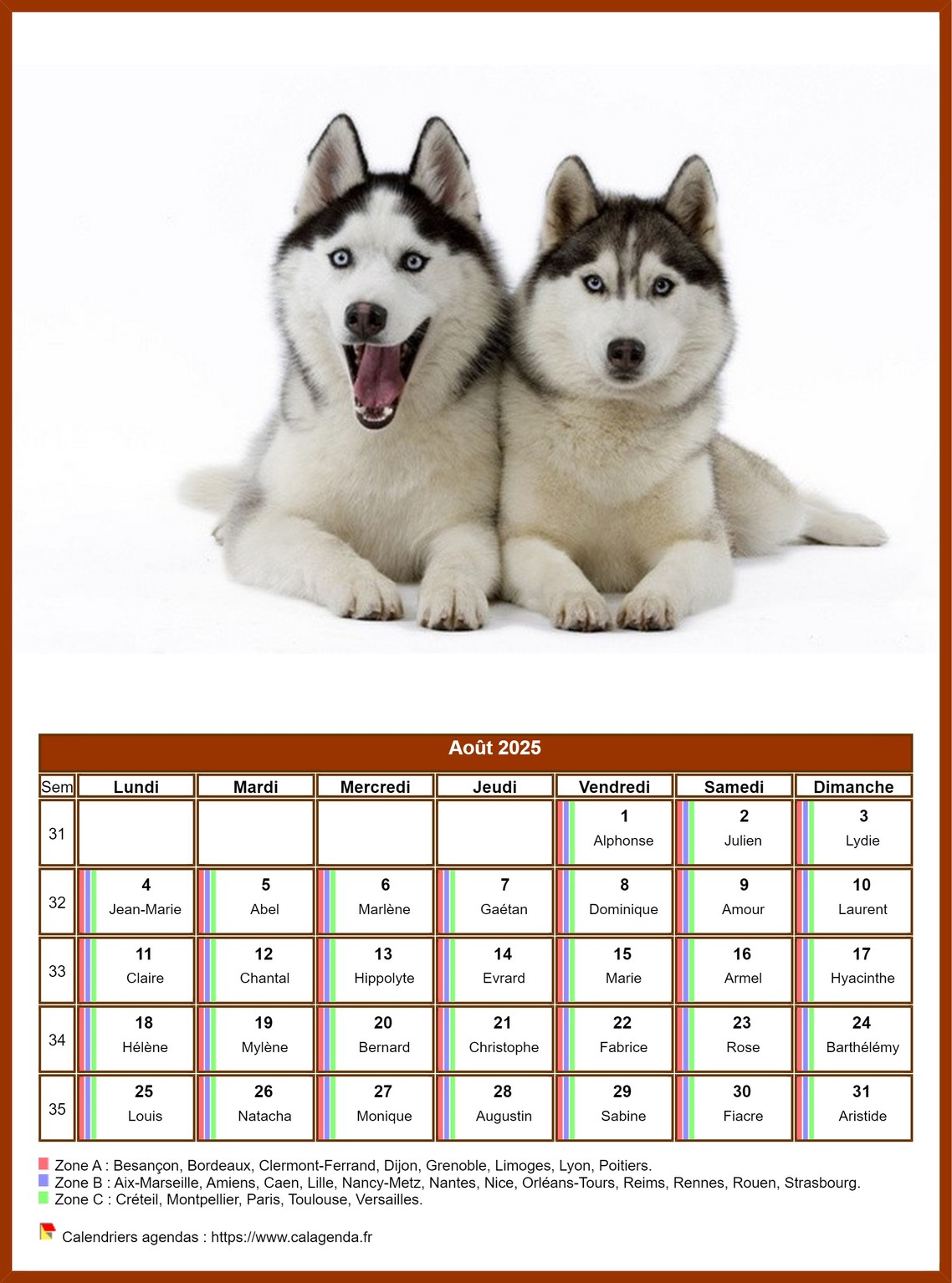 Calendrier août 2025 chiens