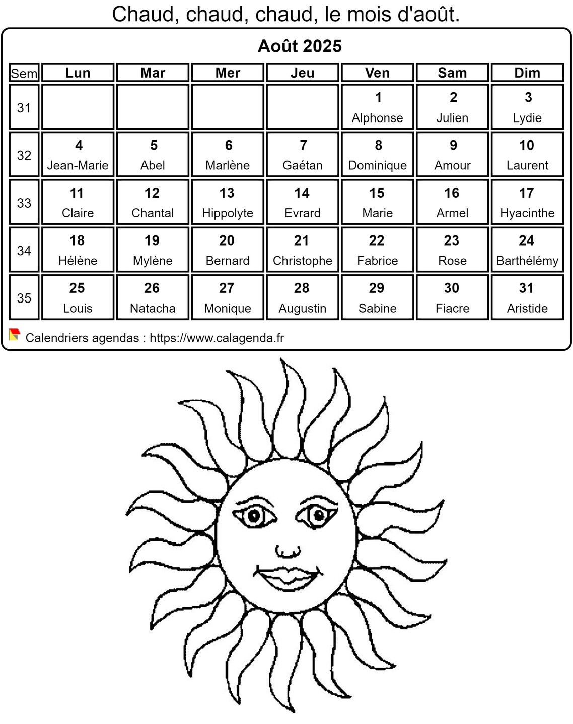 Calendrier 2025 à colorier du mois d'août Calendrier 2025 à colorier du mois d'août