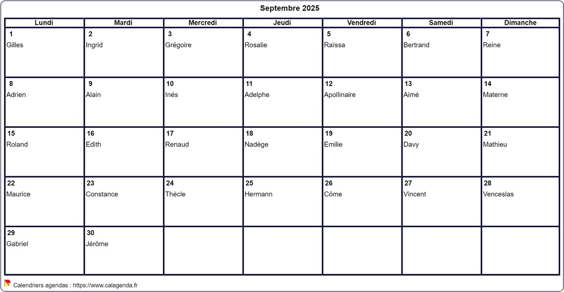 Calendrier septembre 2025 à imprimer vierge, avec les fêtes