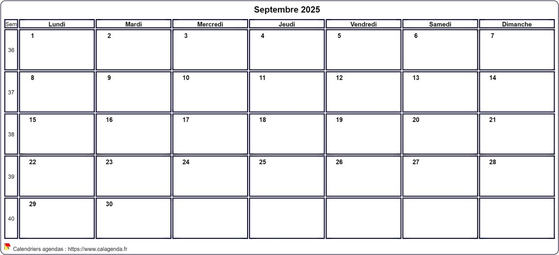 Calendrier septembre 2025 personnalisable avec les vacances scolaires