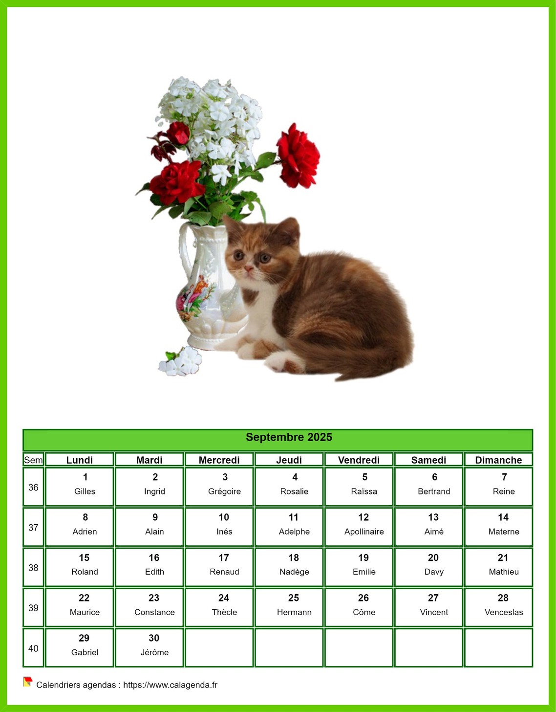 Calendrier septembre 2025 chats