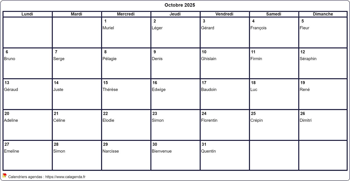 Calendrier octobre 2025 à imprimer vierge, avec les fêtes