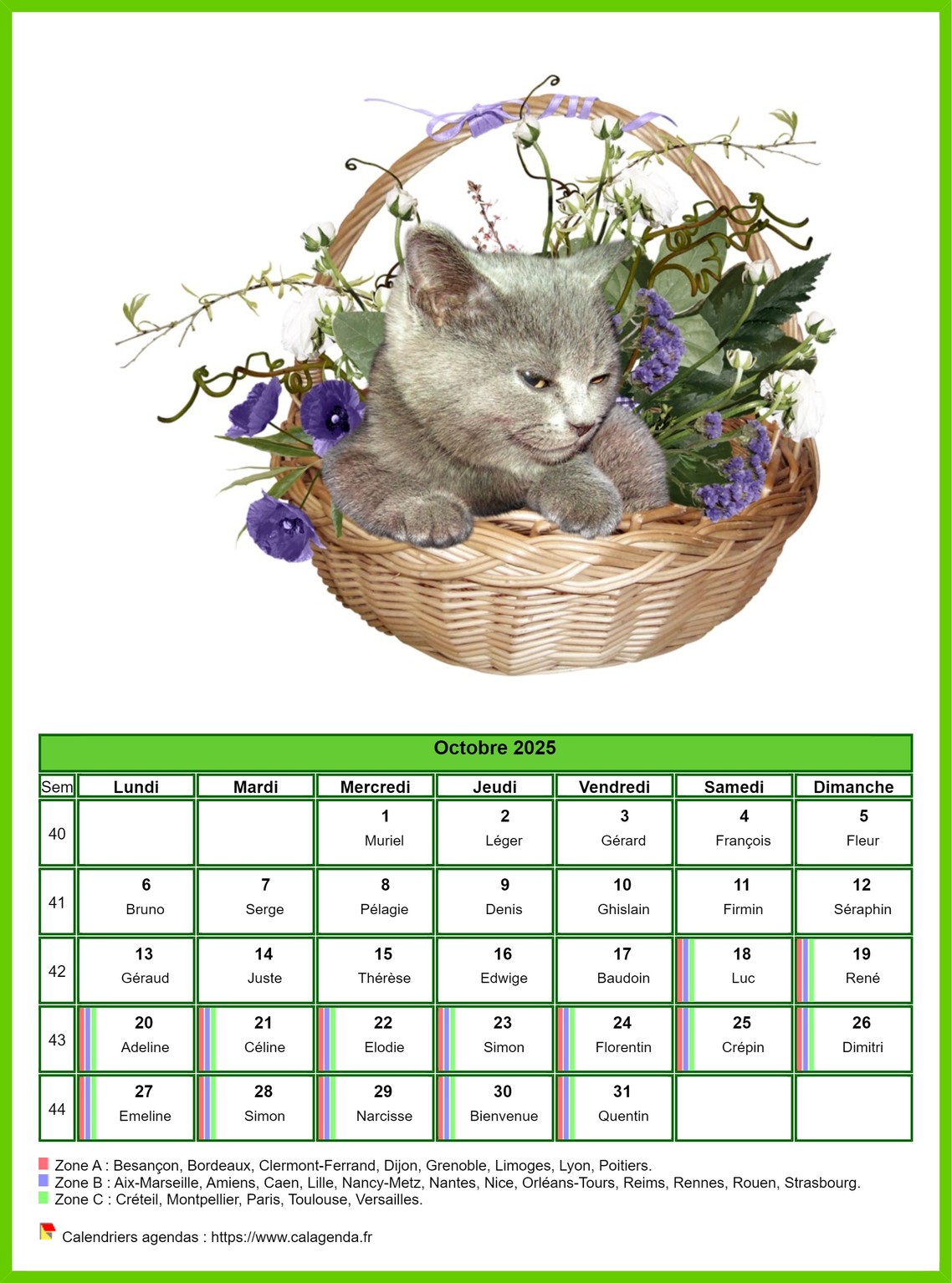 Calendrier octobre 2025 chats