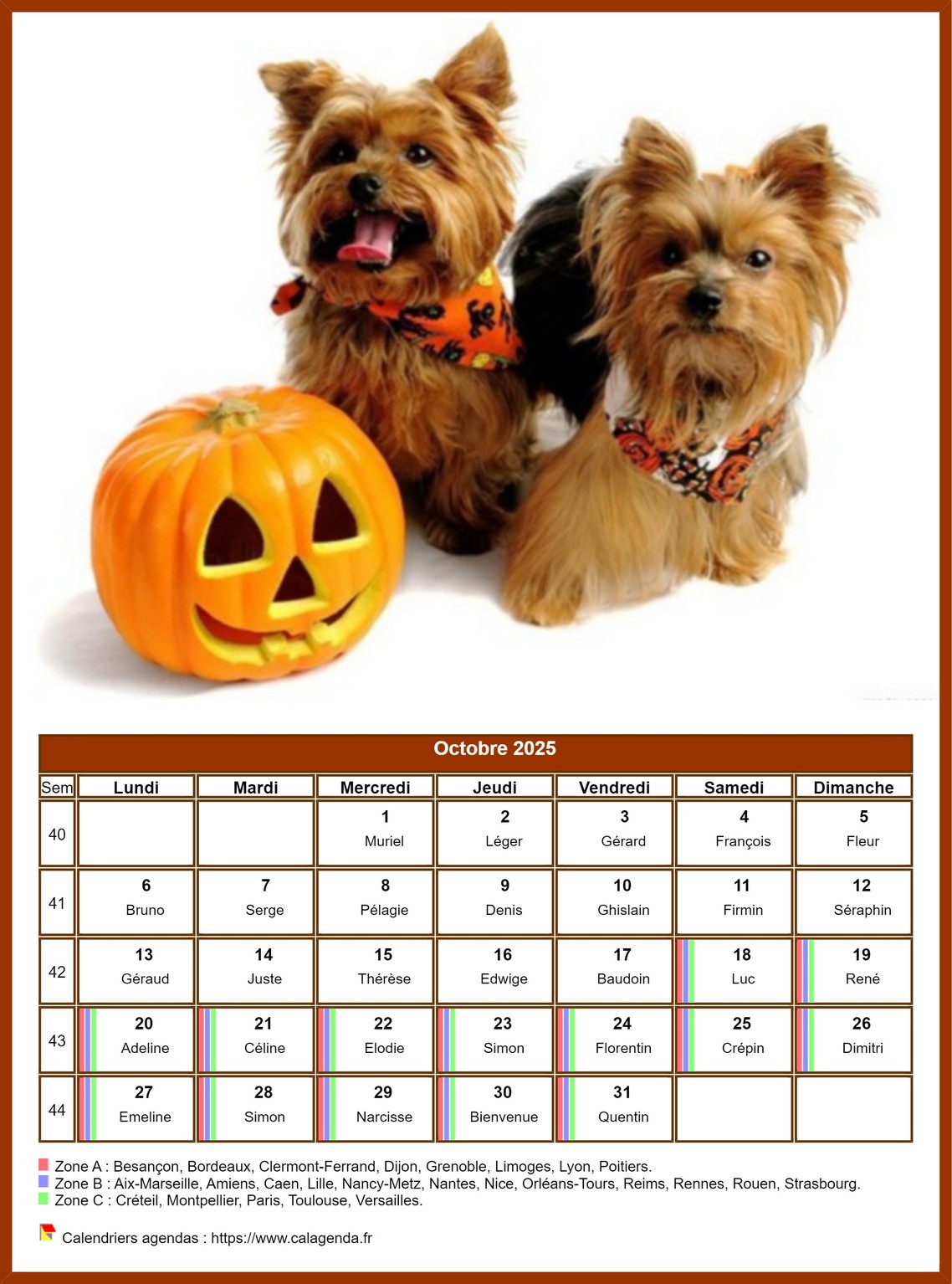 Calendrier octobre 2025 chiens