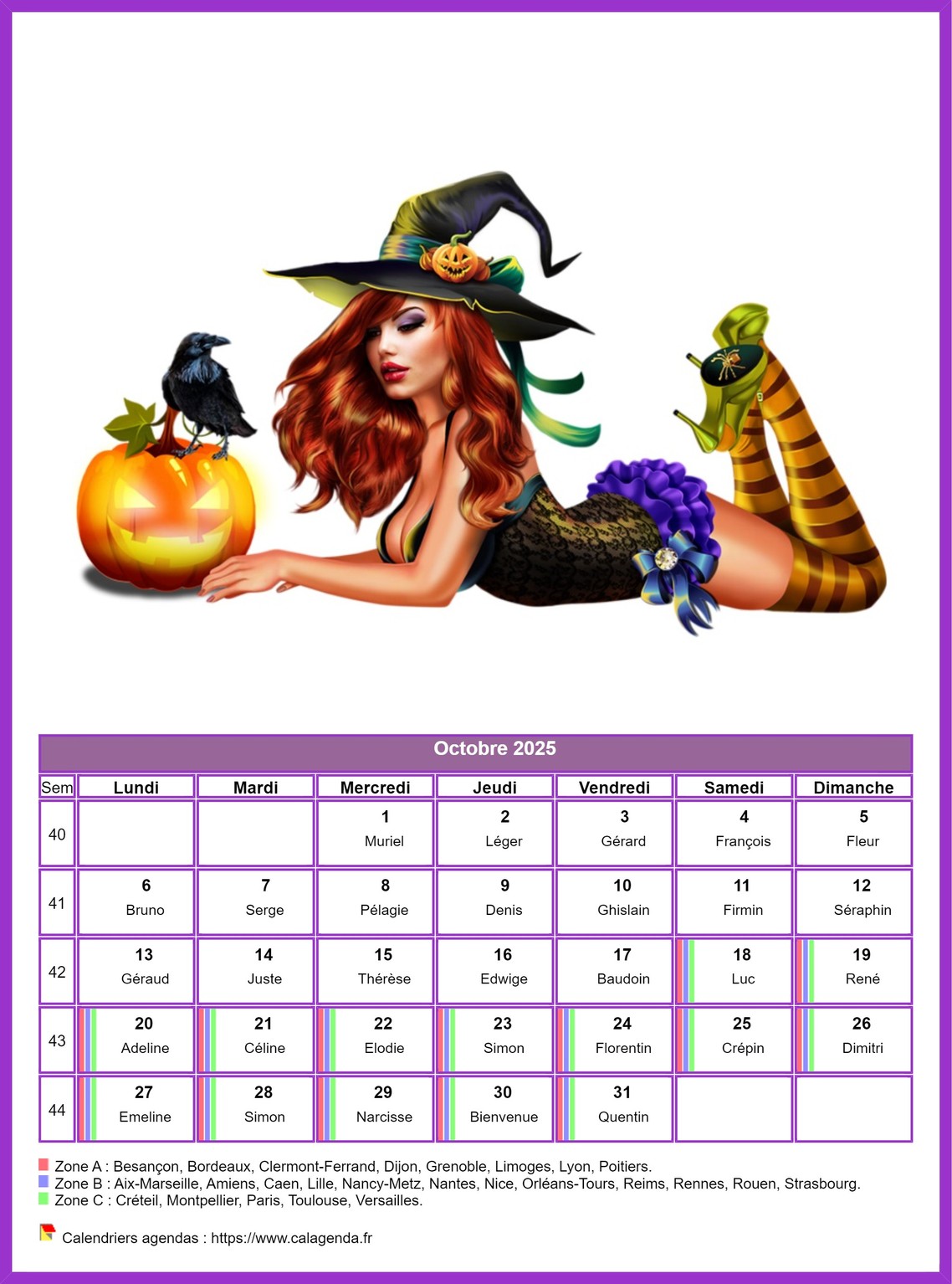 Calendrier octobre 2025 femmes