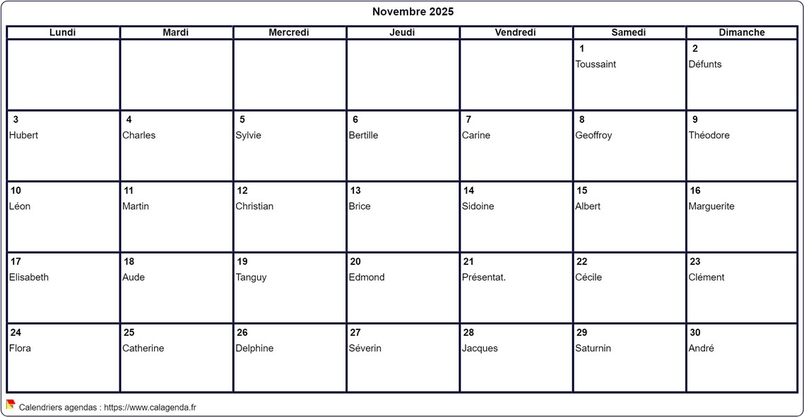 Calendrier novembre 2025 à imprimer vierge, avec les fêtes Calendrier novembre 2025 à imprimer vierge, avec les fêtes