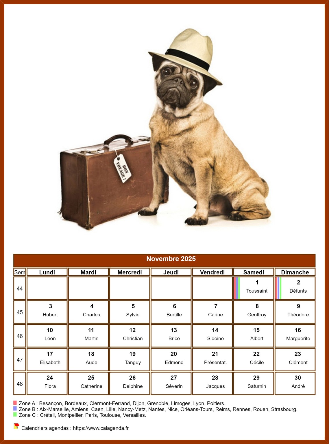 Calendrier novembre 2025 chiens