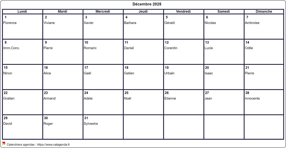 Calendrier décembre 2025 à imprimer vierge, avec les fêtes