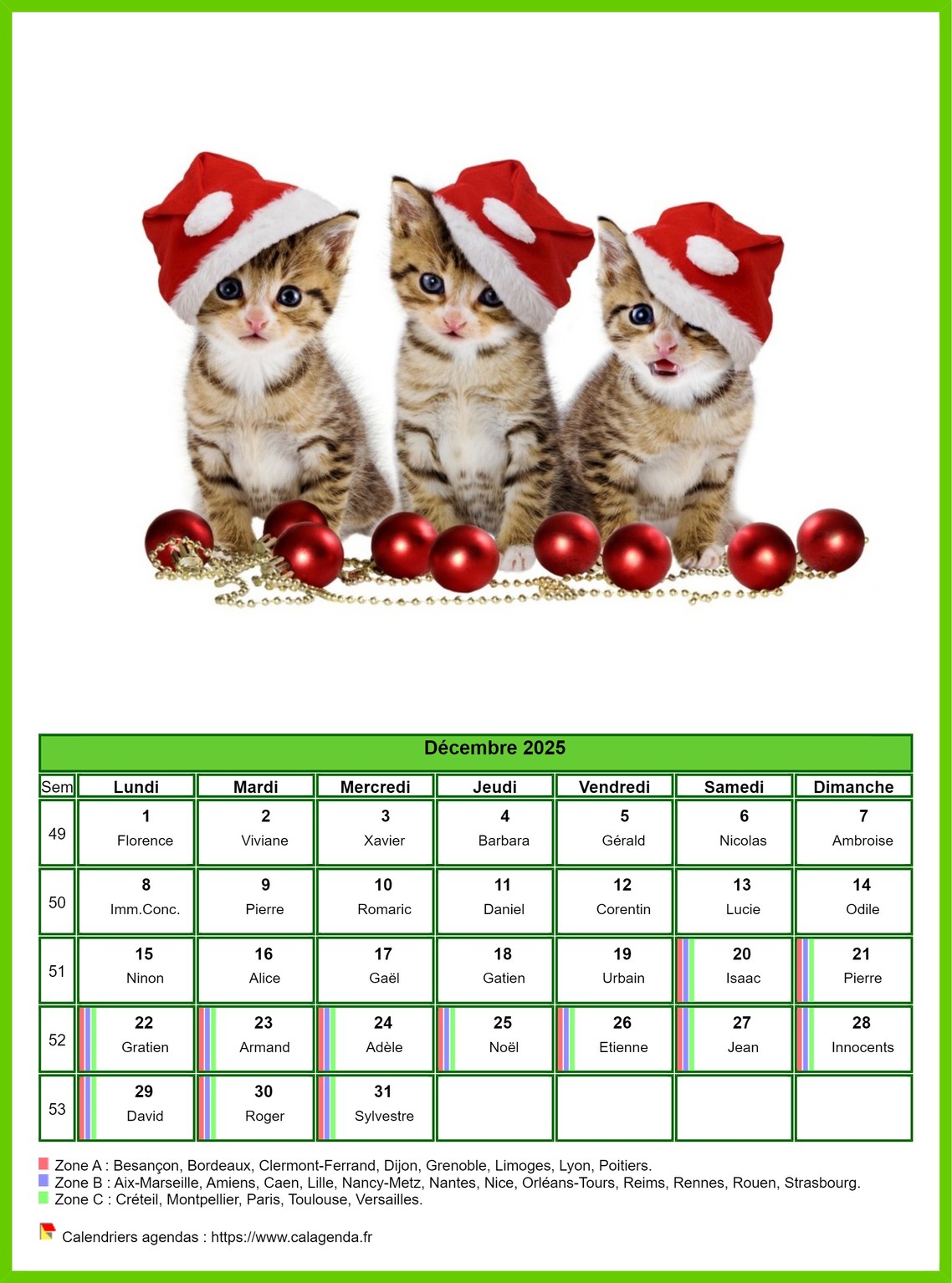 Calendrier décembre 2025 chats