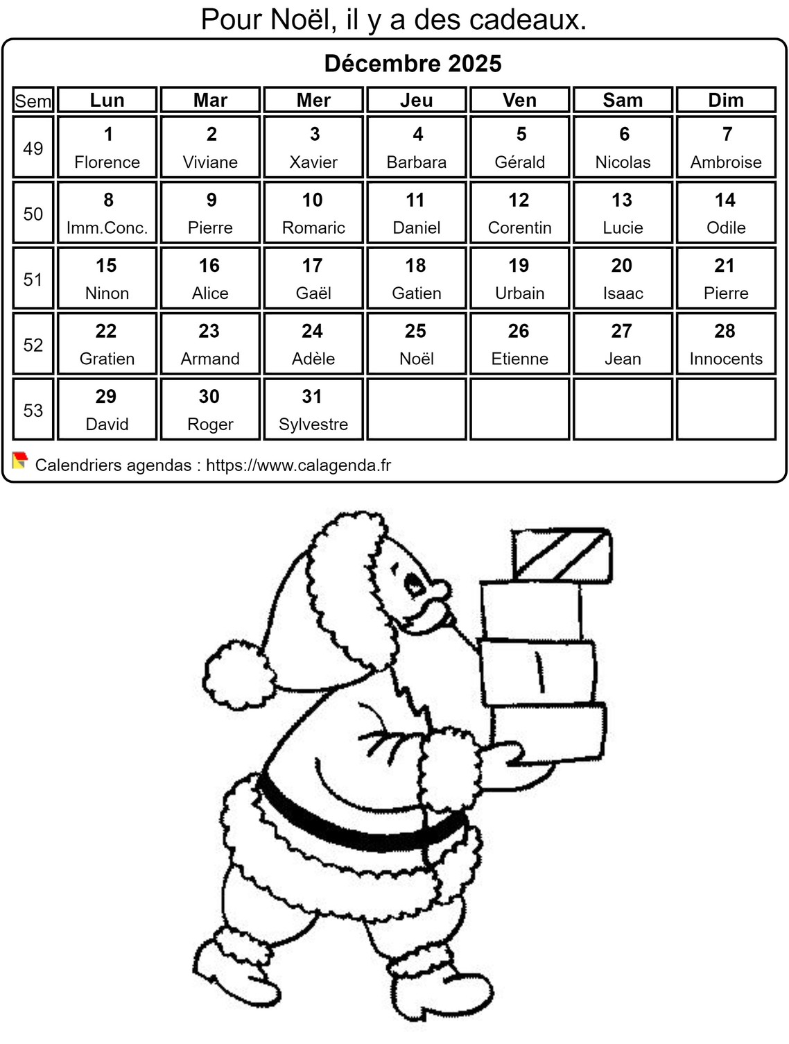 Calendrier 2025 à colorier du mois de décembre