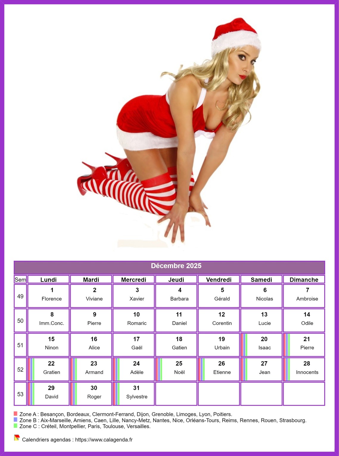 Calendrier décembre 2025 femmes
