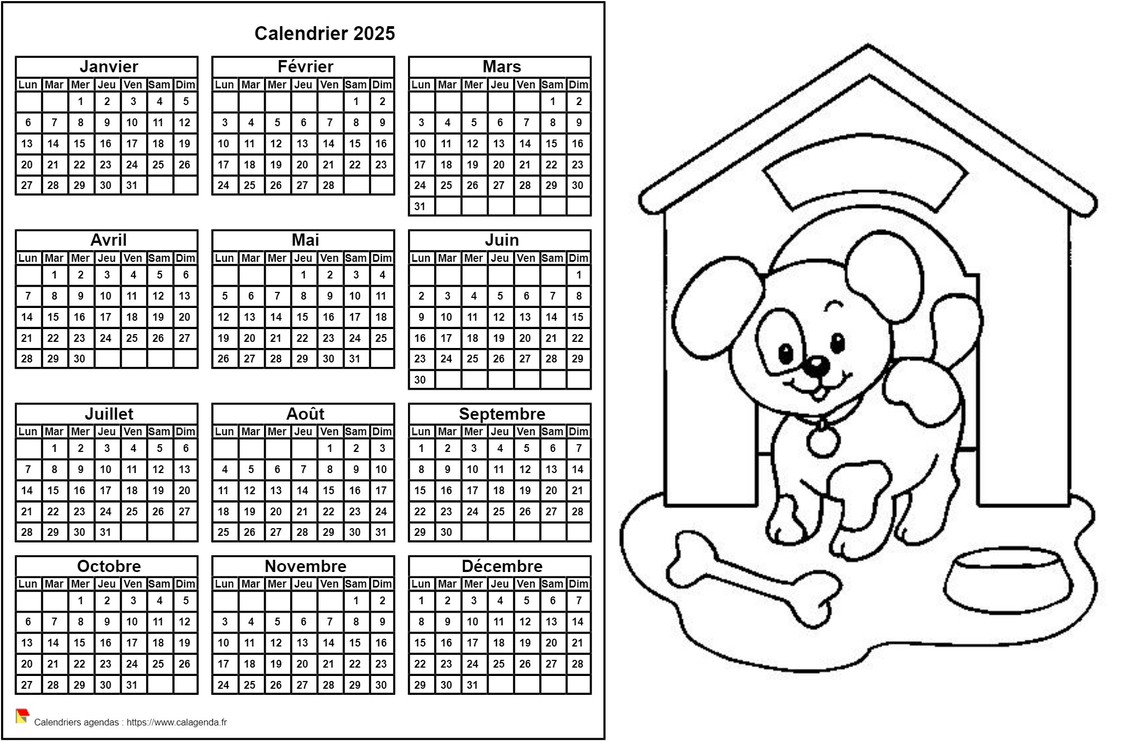 Calendrier 2025 à colorier annuel, format paysage, pour enfants Calendrier 2025 à colorier annuel, format paysage, pour enfants