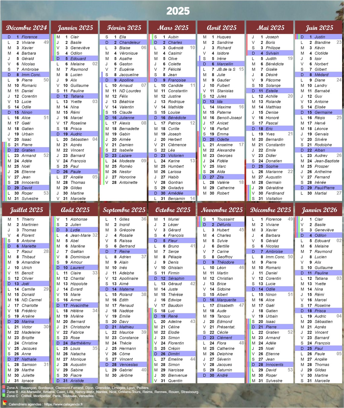 Calendrier 2025 à imprimer 14 mois avec les fêtes et les vacances scolaires