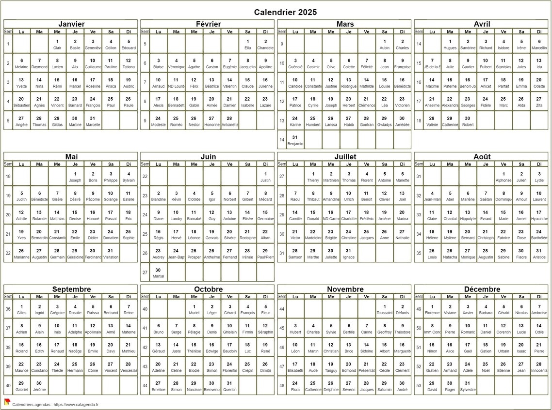 Calendrier 2025 à imprimer, annuel avec les fêtes, format paysage, sous-main ou mural Calendrier 2025 à imprimer, annuel avec les fêtes, format paysage, sous-main ou mural
