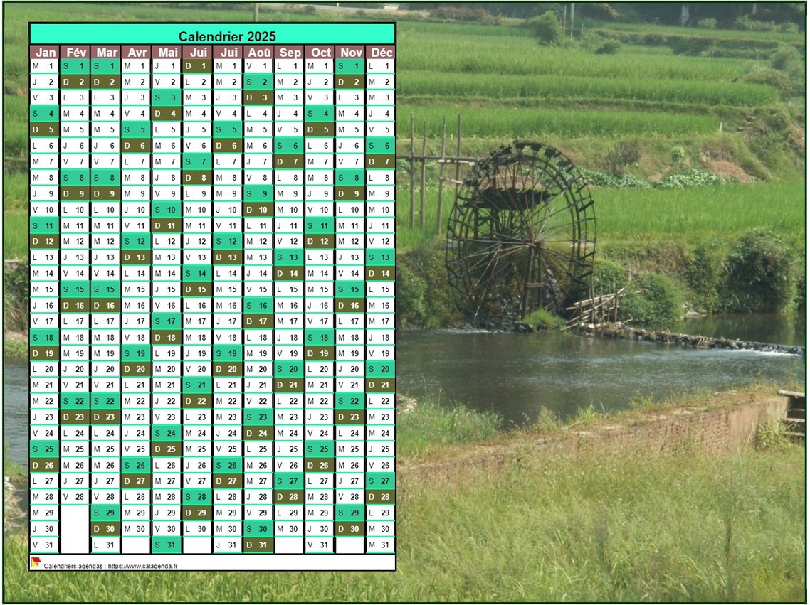 Calendrier 2025 annuel à imprimer, une colonne par mois, format paysage, placé sur une photographie Calendrier 2025 annuel à imprimer, une colonne par mois, format paysage, placé sur une photographie