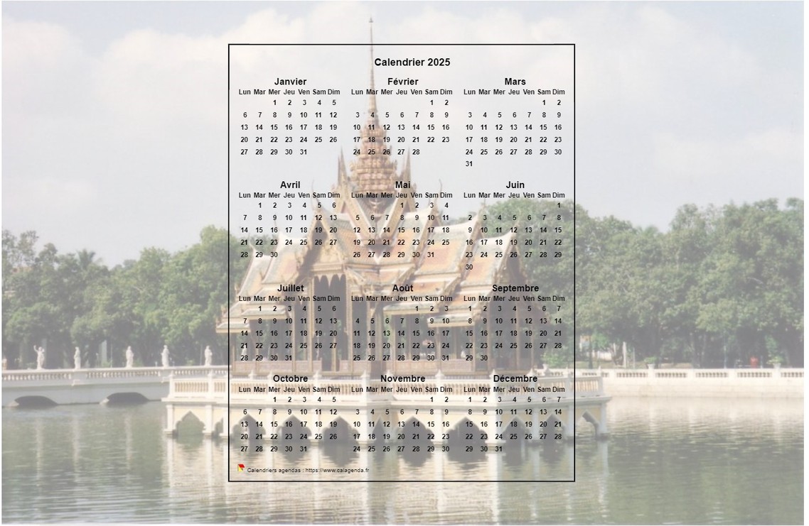Calendrier 2025 annuel à imprimer, format paysage, une ligne par trimestre, incrusté au centre d'une photo Calendrier 2025 annuel à imprimer, format paysage, une ligne par trimestre, incrusté au centre d'une photo