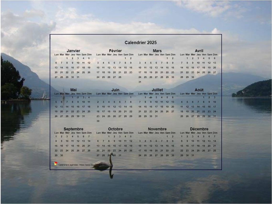 Calendrier 2025 annuel, format paysage, quatre colonnes par trois lignes, incrusté au centre d'une photo Calendrier 2025 annuel, format paysage, quatre colonnes par trois lignes, incrusté au centre d'une photo