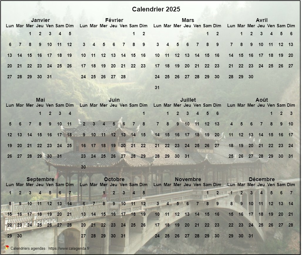 Calendrier 2025 annuel à imprimer, format paysage, quatre colonnes par trois lignes, par dessus une photo Calendrier 2025 annuel à imprimer, format paysage, quatre colonnes par trois lignes, par dessus une photo