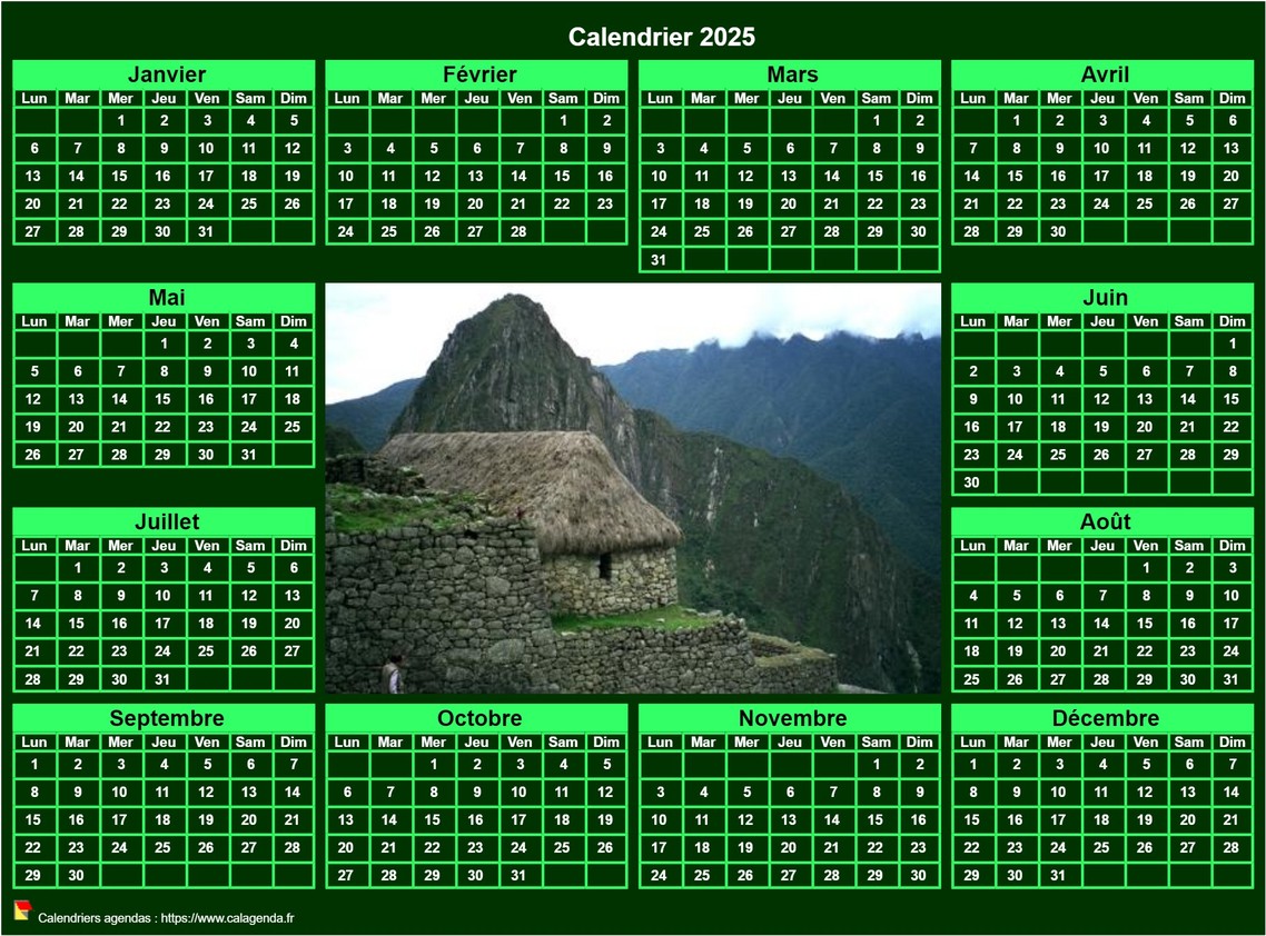 Calendrier 2025 photo annuel à imprimer, fond vert, format paysage