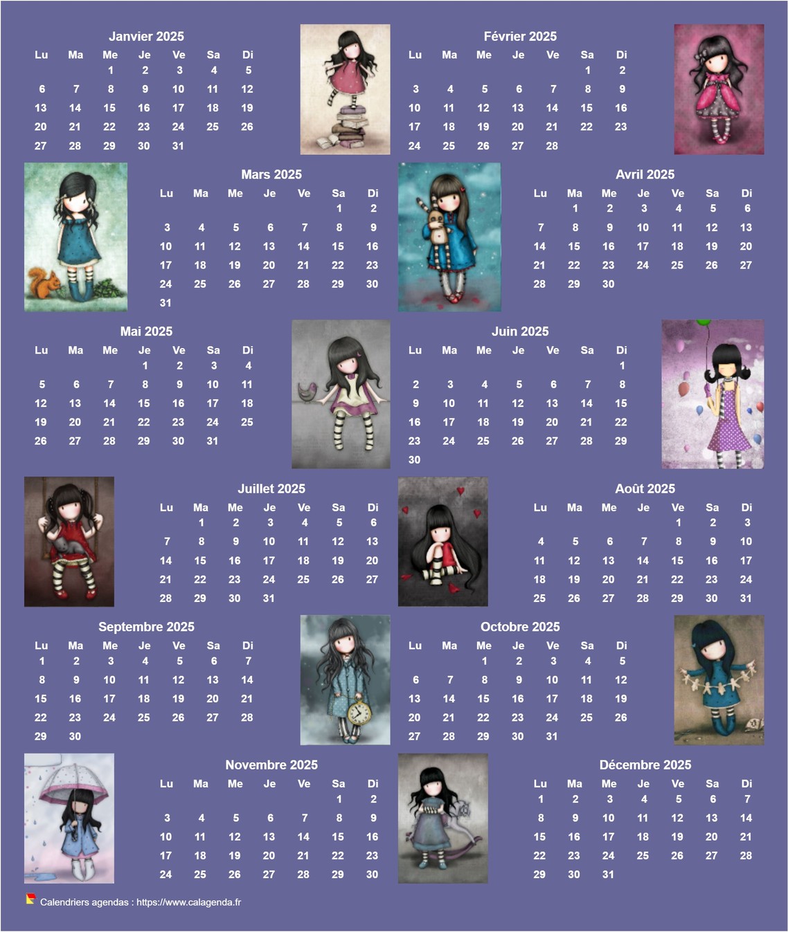 Calendrier 2025 annuel Gorjuss