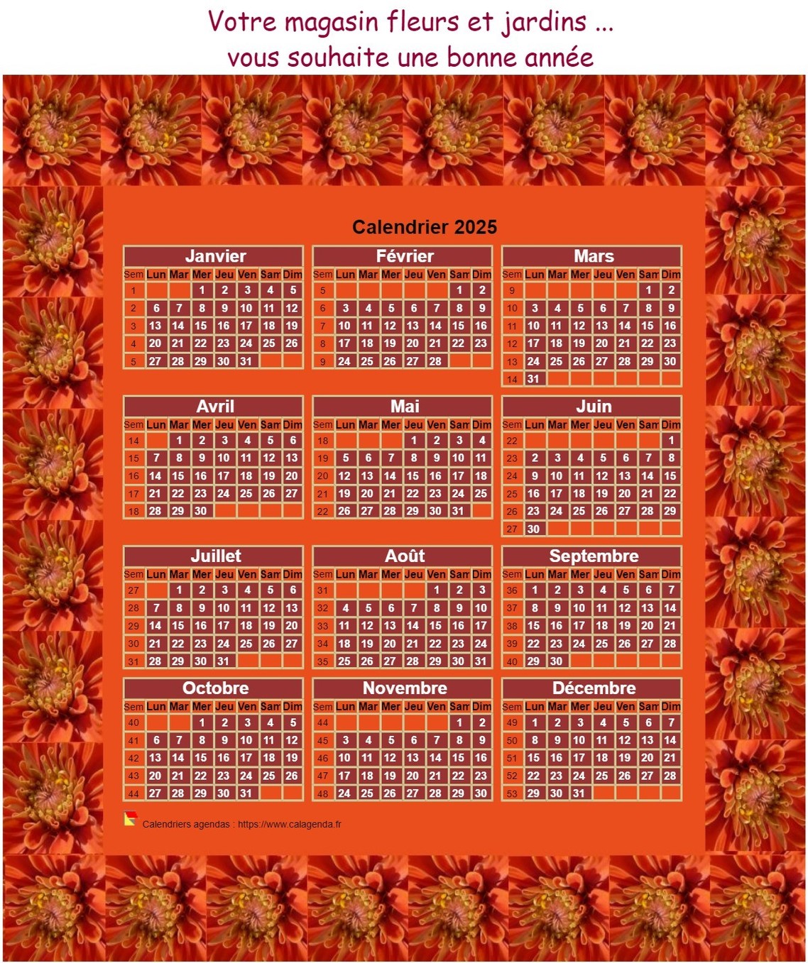 Calendrier 2025 annuel à imprimer, 3 colonnes, 4 lignes