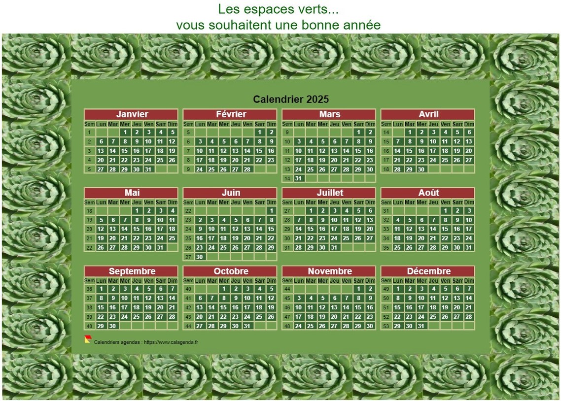 Calendrier 2025 décoratif annuel à imprimer, avec cadre photo vert