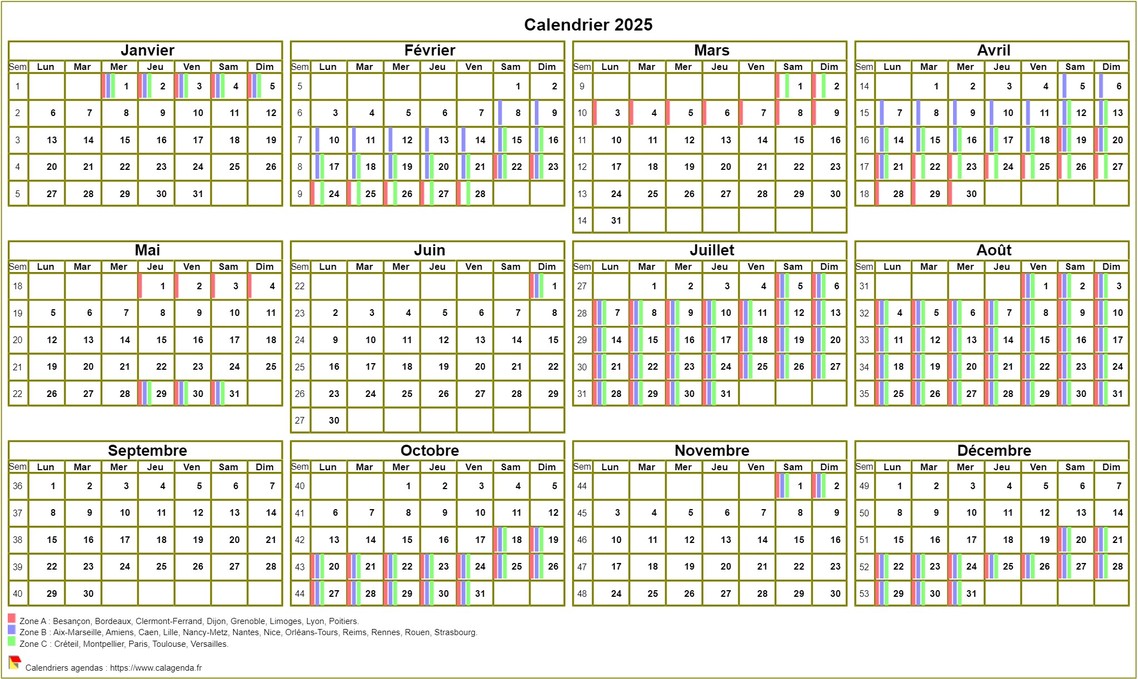 Calendrier 2025 annuel à imprimer, avec les vacances scolaires, format paysage