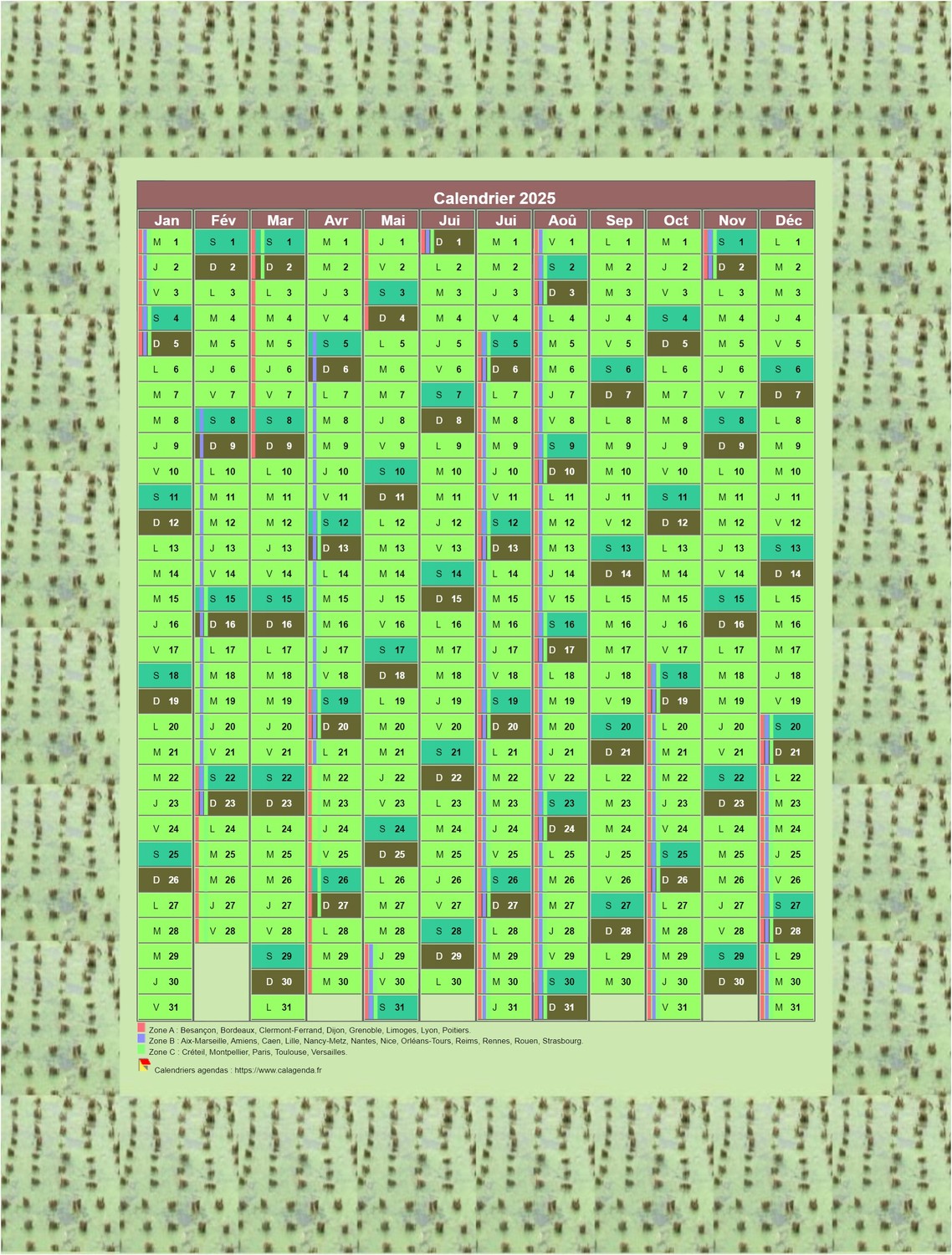 Calendrier 2025 annuel décoratif, 12 colonnes, cadre photo vert, avec les vacances scolaires Calendrier 2025 annuel décoratif, 12 colonnes, cadre photo vert, avec les vacances scolaires