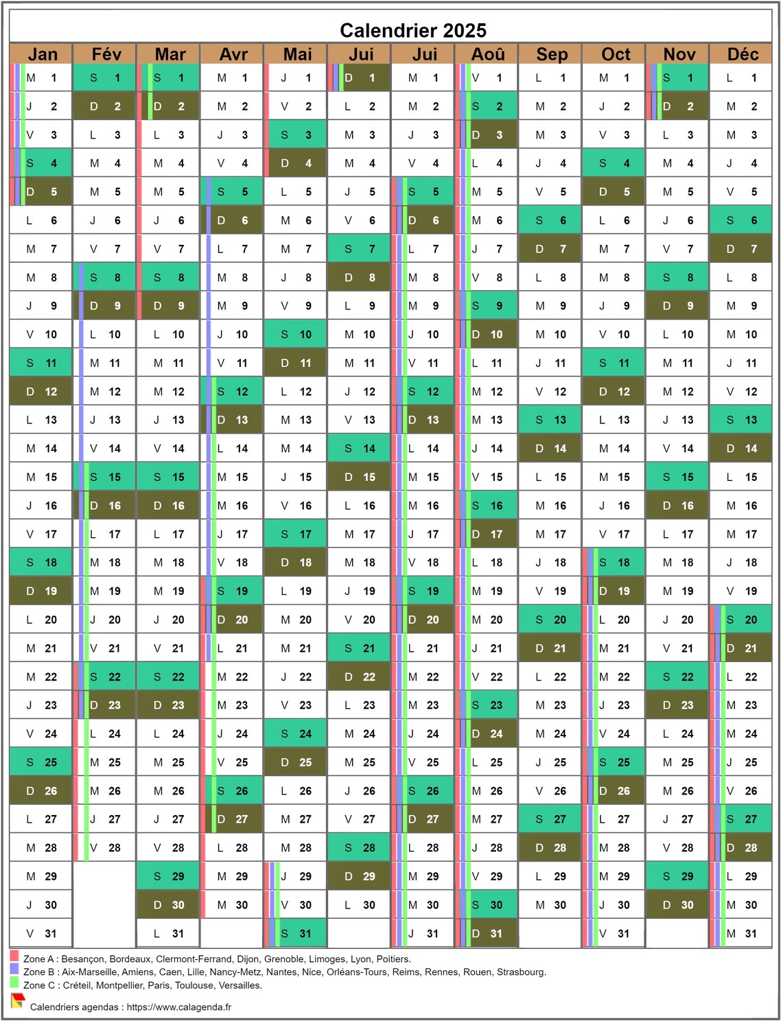 Calendrier 2025 annuel, 12 colonnes, avec les vacances scolaires Calendrier 2025 annuel, 12 colonnes, avec les vacances scolaires