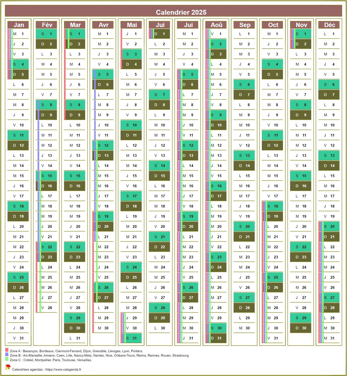 Calendrier 2025 annuel de 12 colonnes, avec agenda synthétique Calendrier 2025 annuel de 12 colonnes, avec agenda synthétique