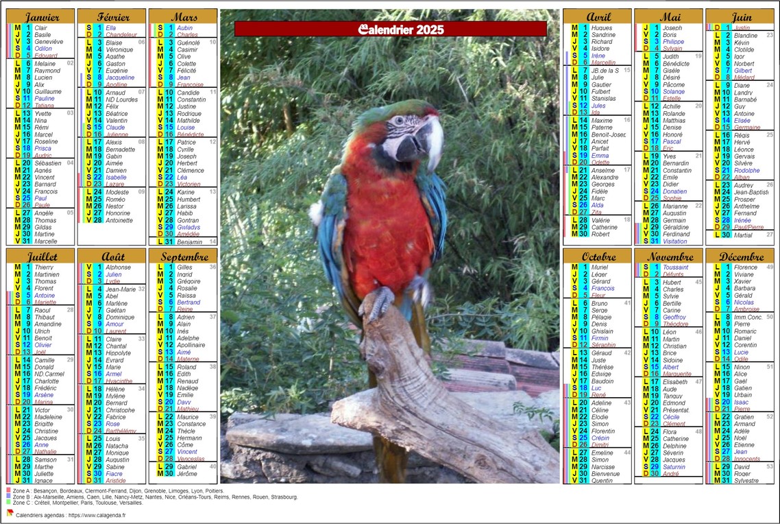 Calendrier 2025 annuel de six colonnes en format paysage Calendrier 2025 annuel de six colonnes en format paysage