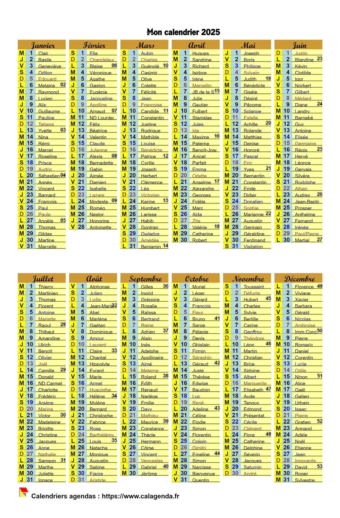 Calendrier de poche annuel de format 10X15 Calendrier de poche annuel de format 10X15