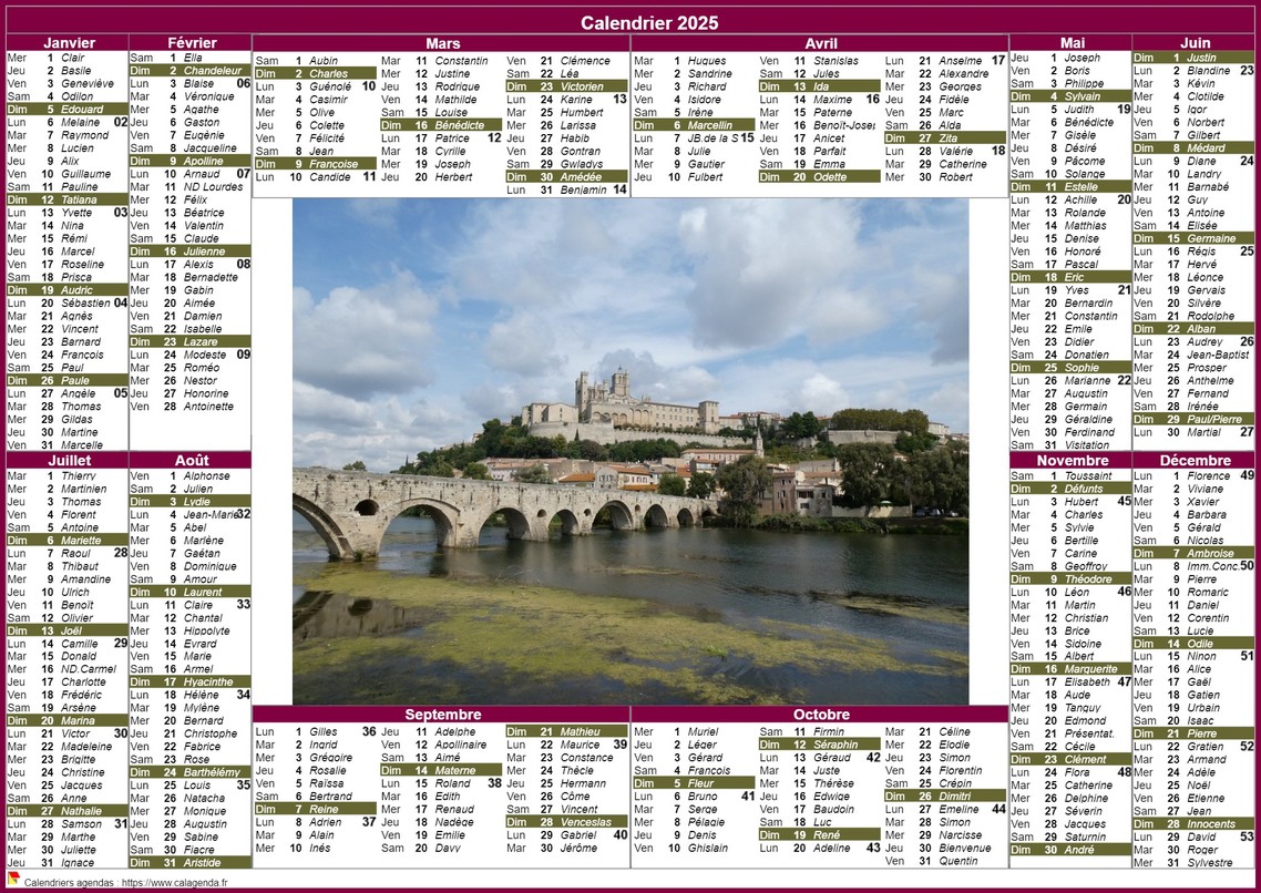 Calendrier 2025 annuel paysage style postes Calendrier 2025 annuel paysage style postes
