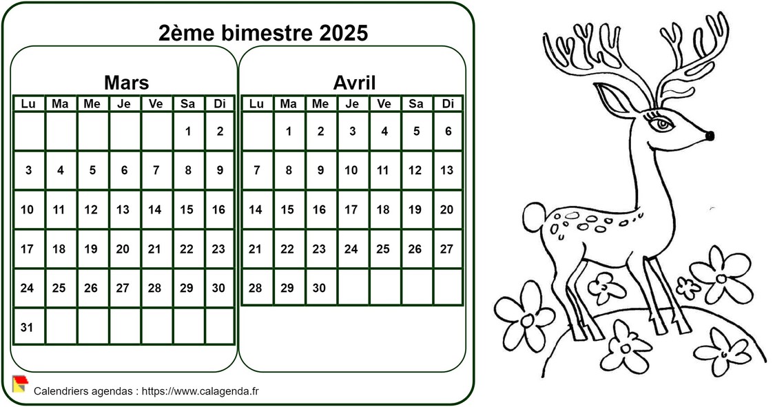 Calendrier 2025 à colorier bimestriel, format paysage, pour enfants