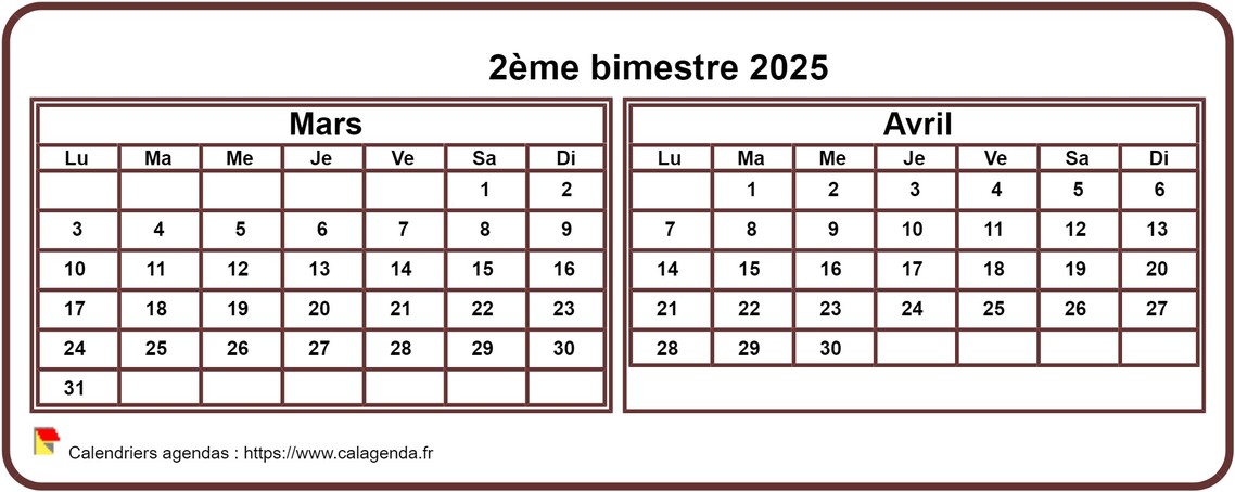 Calendrier 2025 à imprimer bimestriel, format mini de poche, horizontal, fond blanc Calendrier 2025 à imprimer bimestriel, format mini de poche, horizontal, fond blanc