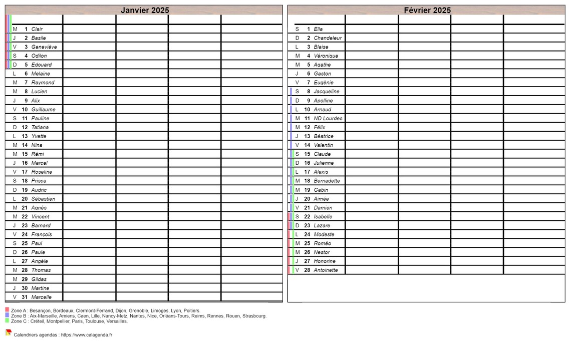 Calendrier 2025 planning bimestriel vierge, format portrait, 4 colonnes, avec les fêtes