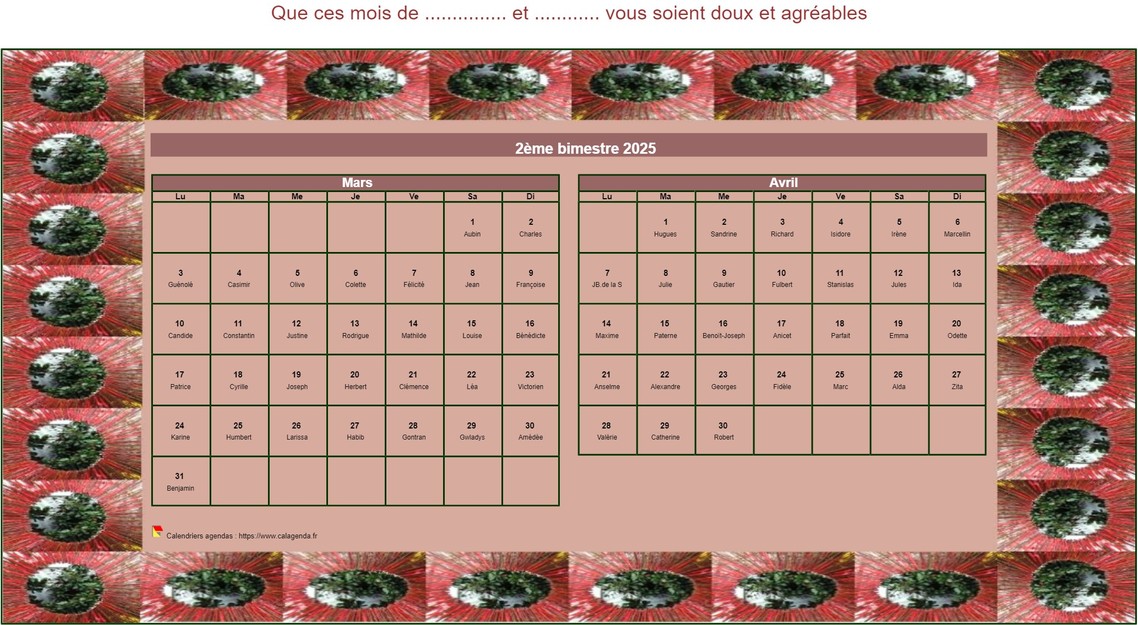 Calendrier 2025 à imprimer bimestriel décoratif, format paysage, avec cadre photo Calendrier 2025 à imprimer bimestriel décoratif, format paysage, avec cadre photo