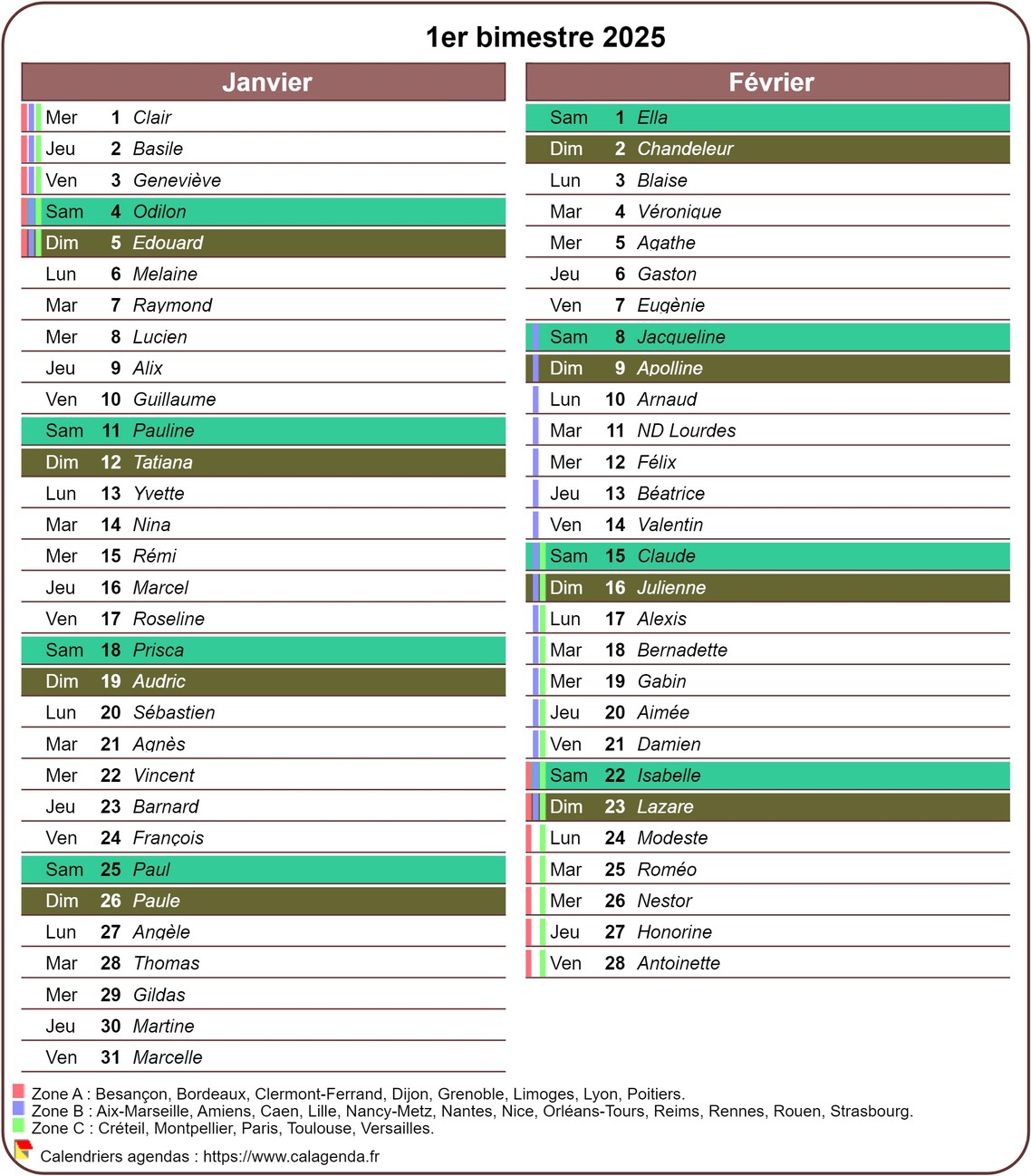 Calendrier 2025 bimestriel avec agenda détaillé, format portrait, une colonne par mois Calendrier 2025 bimestriel avec agenda détaillé, format portrait, une colonne par mois