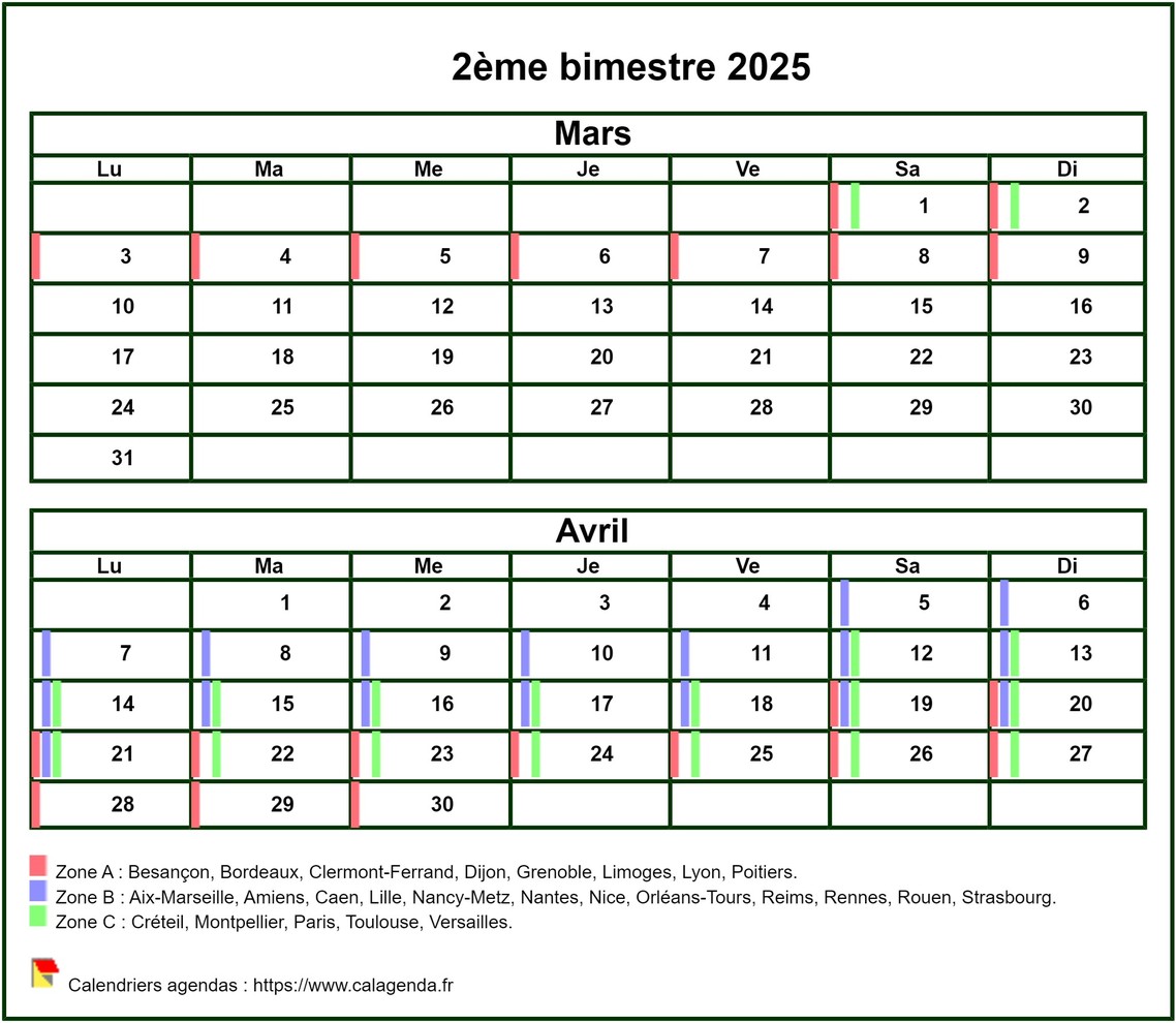 Calendrier 2025 à imprimer bimestriel, format mini de poche, avec les vacances scolaires Calendrier 2025 à imprimer bimestriel, format mini de poche, avec les vacances scolaires