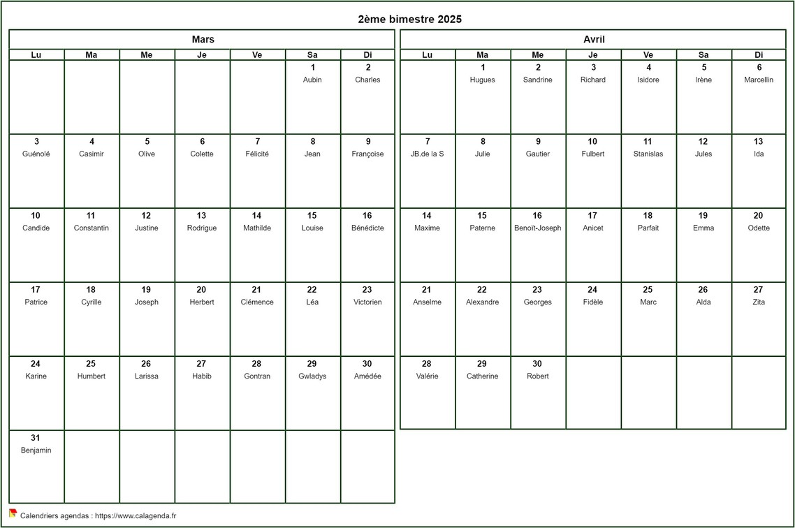 Calendrier 2025 bimestriel, format paysage, avec les fêtes