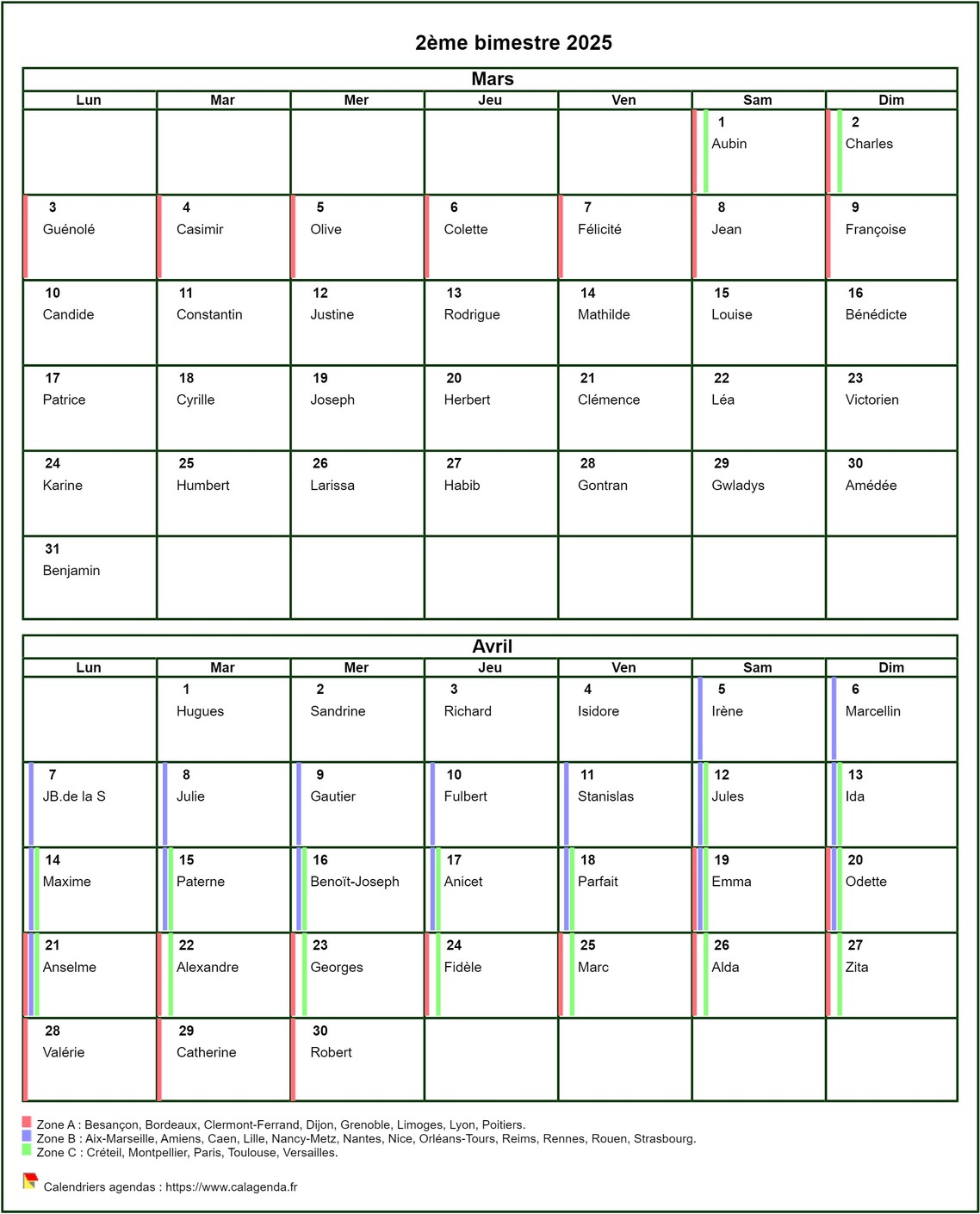 Calendrier 2025 bimestriel, format portrait, avec les fêtes et les vacances scolaires Calendrier 2025 bimestriel, format portrait, avec les fêtes et les vacances scolaires