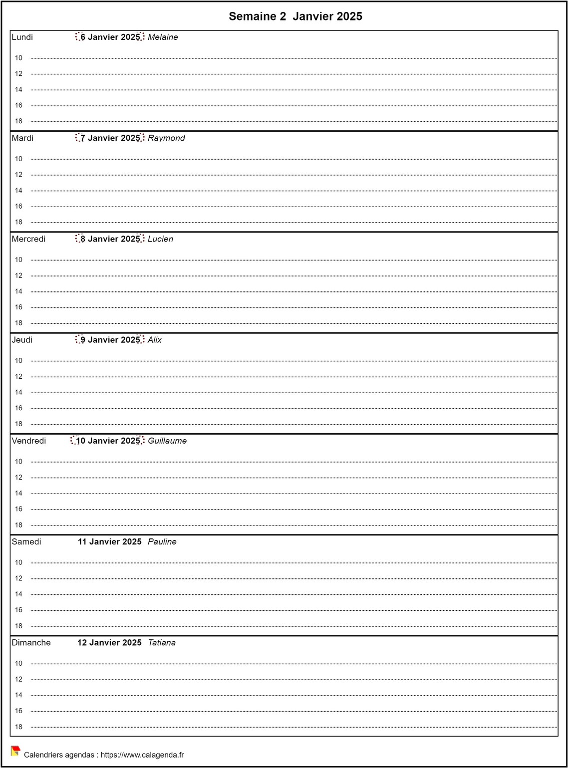 Calendrier hebdomadaire de format portrait avec grille horaire Calendrier hebdomadaire de format portrait avec grille horaire