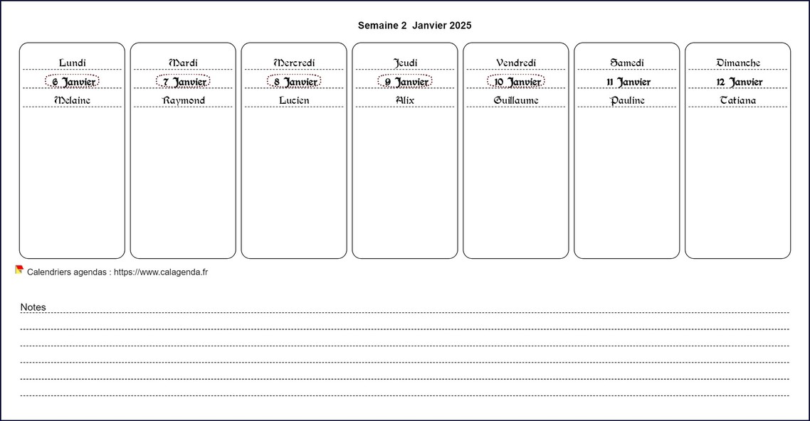 Calendrier hebdomadaire à imprimer de format paysage avec notes en bas de page Calendrier hebdomadaire à imprimer de format paysage avec notes en bas de page