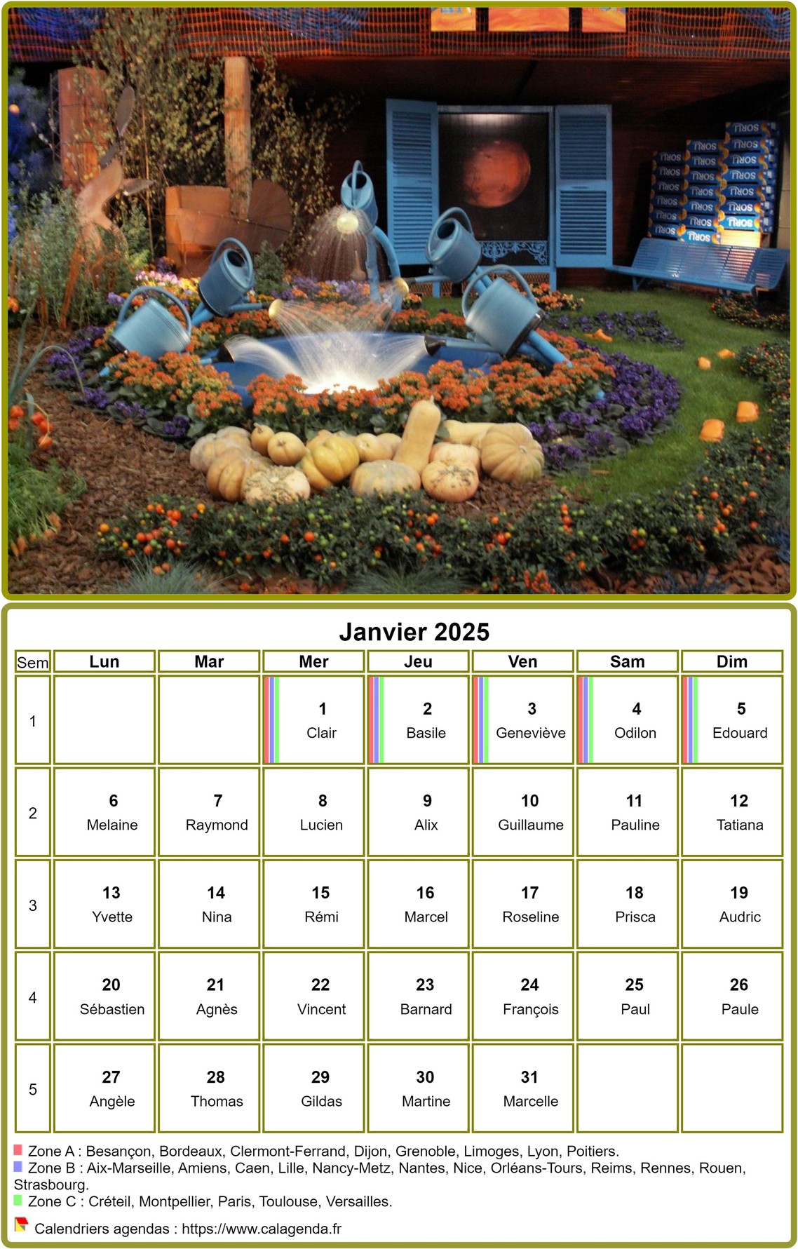 Calendrier 2025 à imprimer, mensuel, avec photographie au dessus