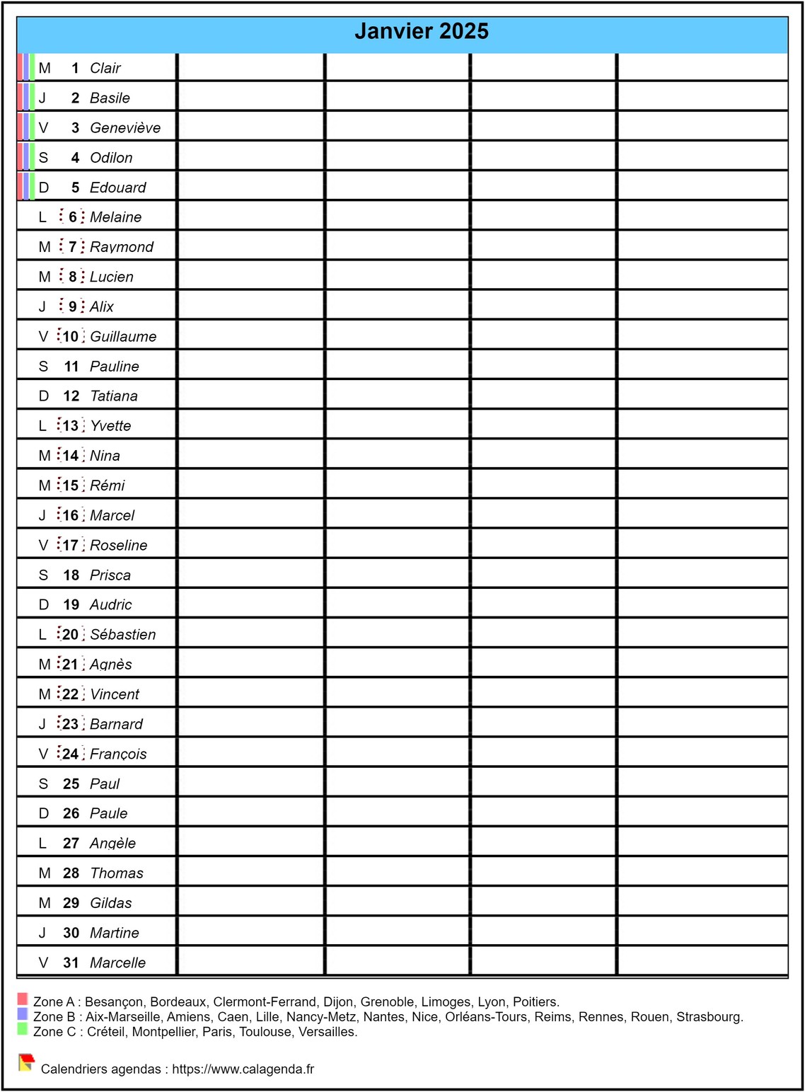 Calendrier planning mensuel 2025 vierge, format portrait, avec les fêtes